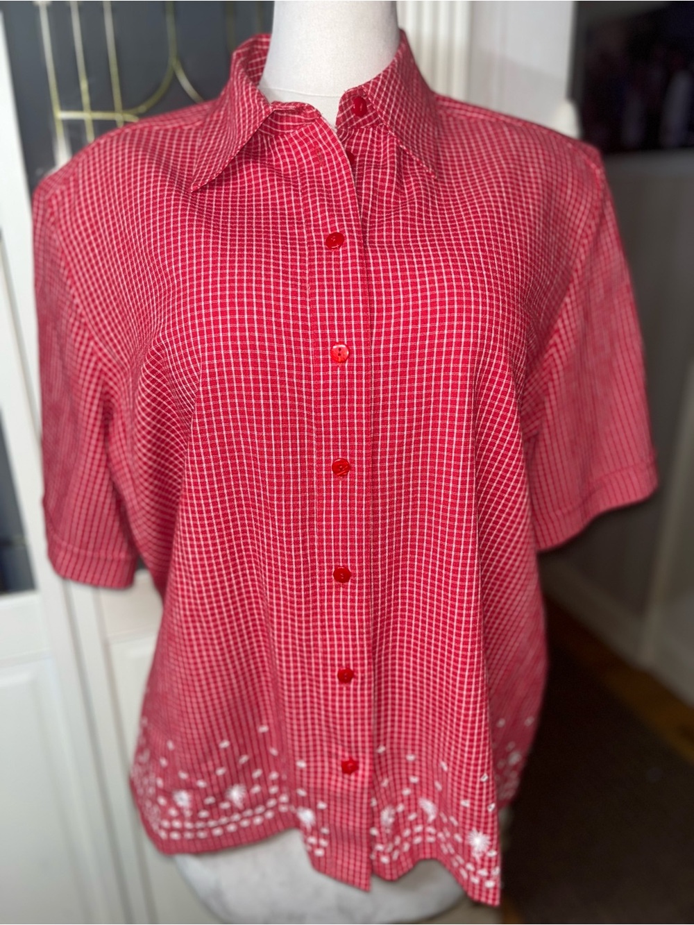 TanJay Red Gingham Embroidered Button Front Blouse Size 18W Retro